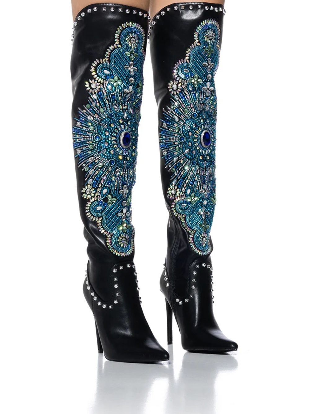 Azalea Wang Axelle Embellished Black & Blue Over-the-Knee Stiletto Boots